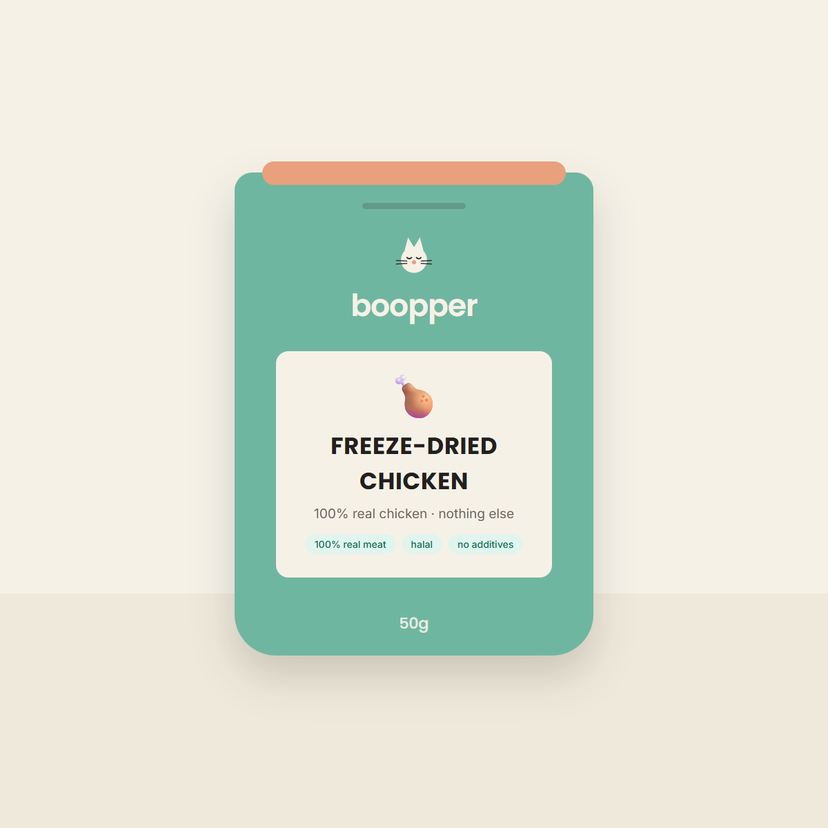 Boopper Freeze-Dried Chicken cat treats — sage pouch with coral seal
