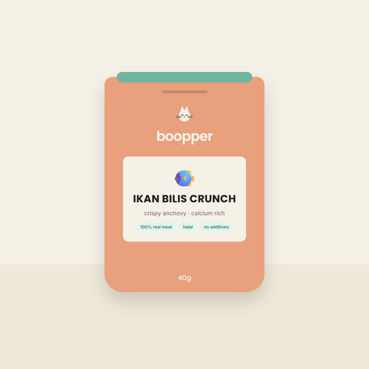 Boopper Ikan Bilis Crunch anchovy cat treats — coral pouch